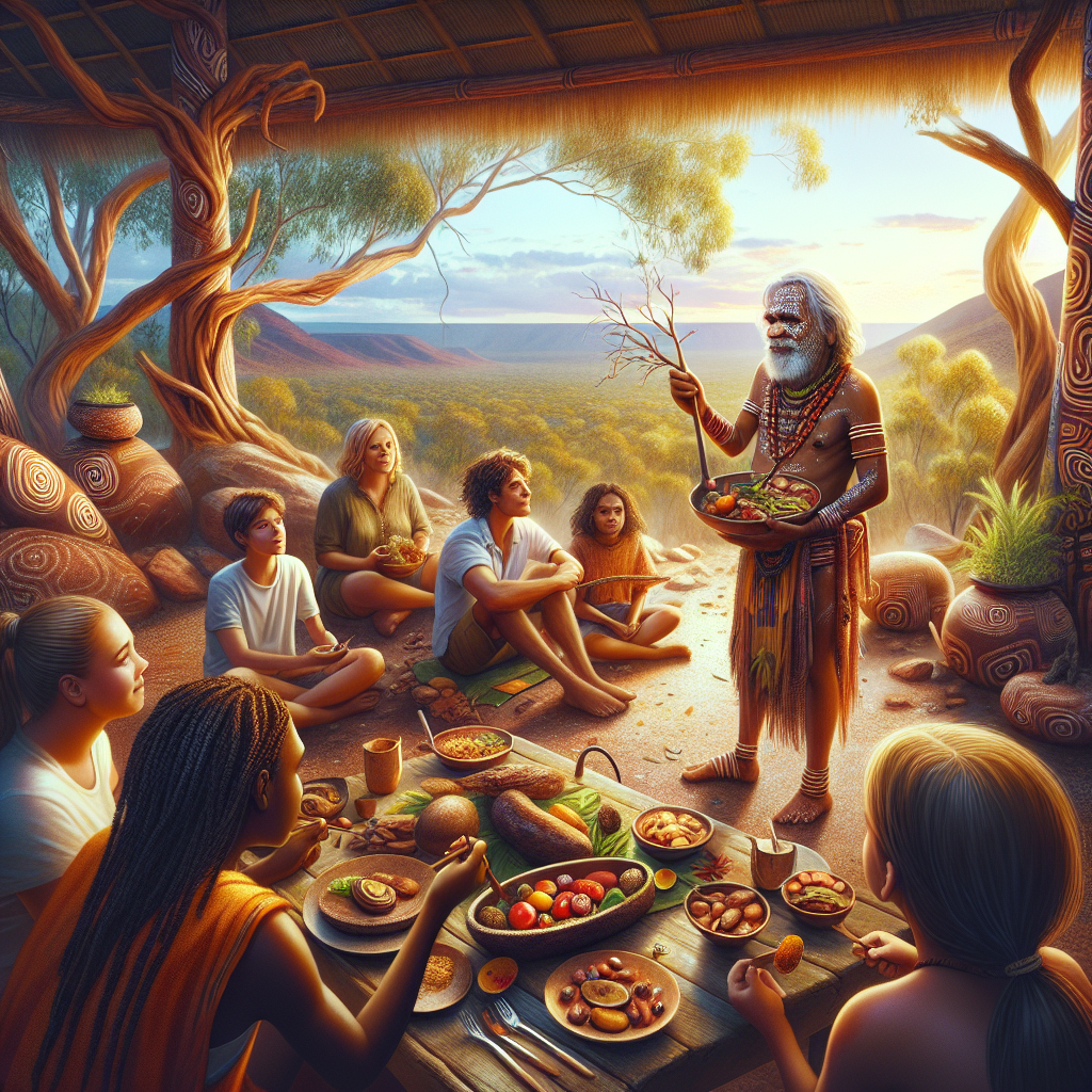 Indigenous guide sharing cultural stories beside ancient art