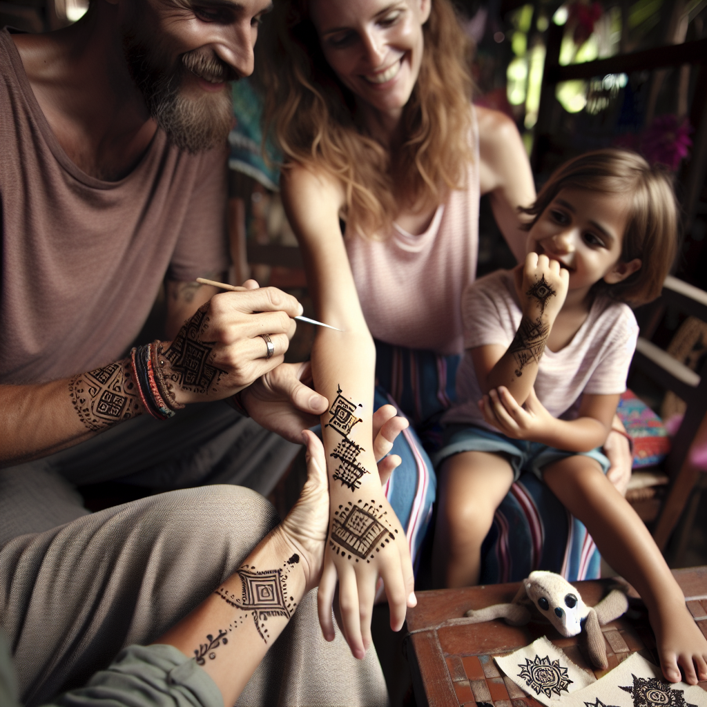 Children enjoying family body art activities with temporary tattoos