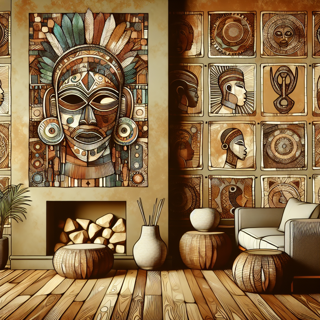 A cozy living room featuring African home decor elements, including an area rug and cushions