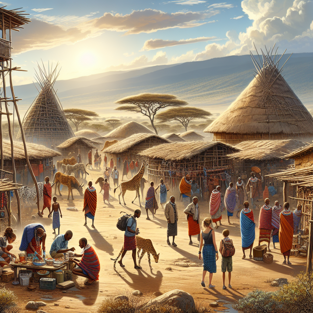 Maasai village showcasing traditional huts and a performing ceremony