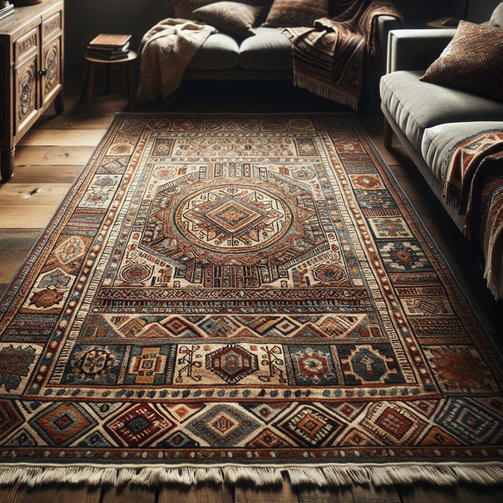 A beautifully designed tribal rug showcasing intricate patterns and textures
