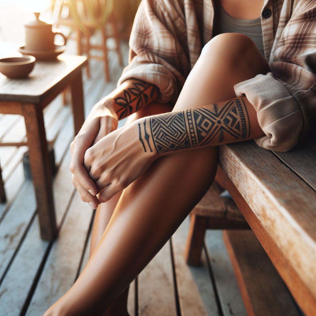 geometric tribal tattoo forearm showcasing intricate patterns and designs