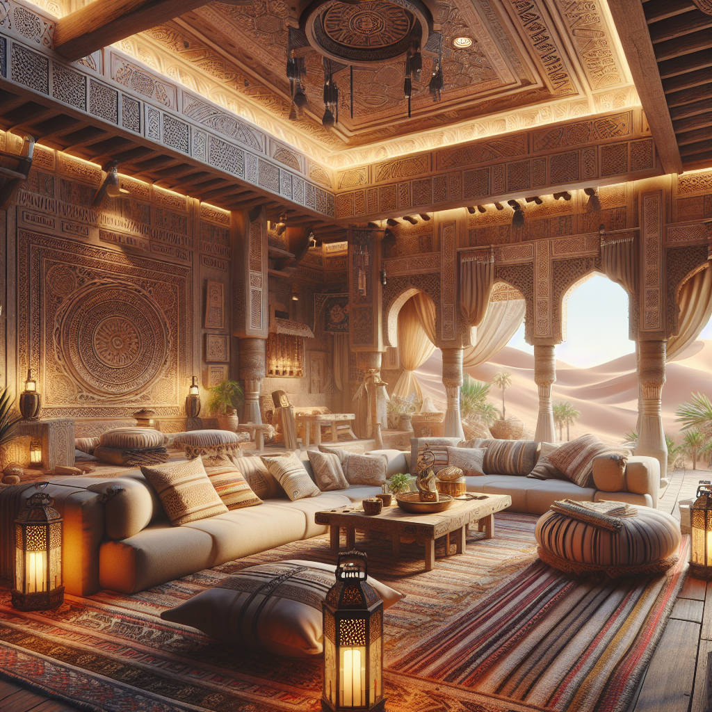 Moroccan inspired decor featuring vibrant textiles and intricate patterns