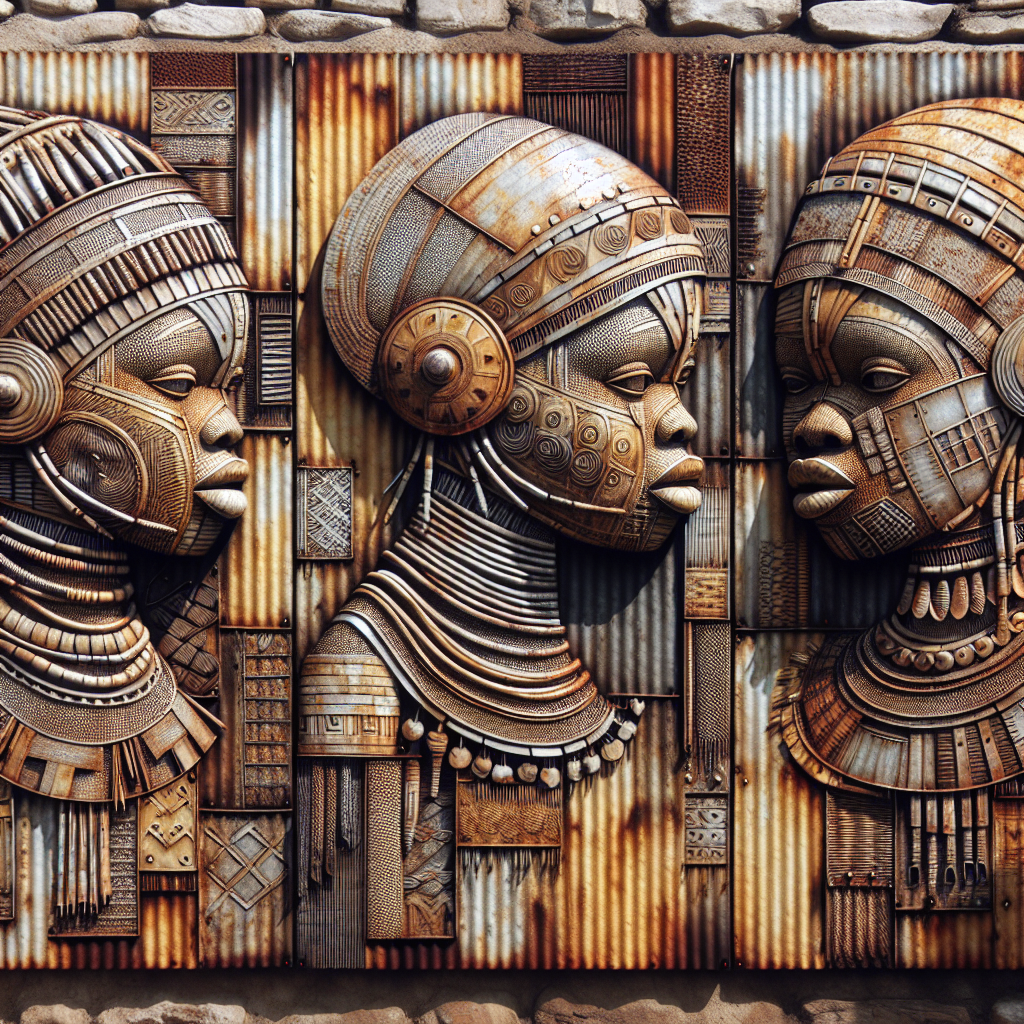 A mixed media artwork by Ilídio Candja Candja depicting African children carrying water containers