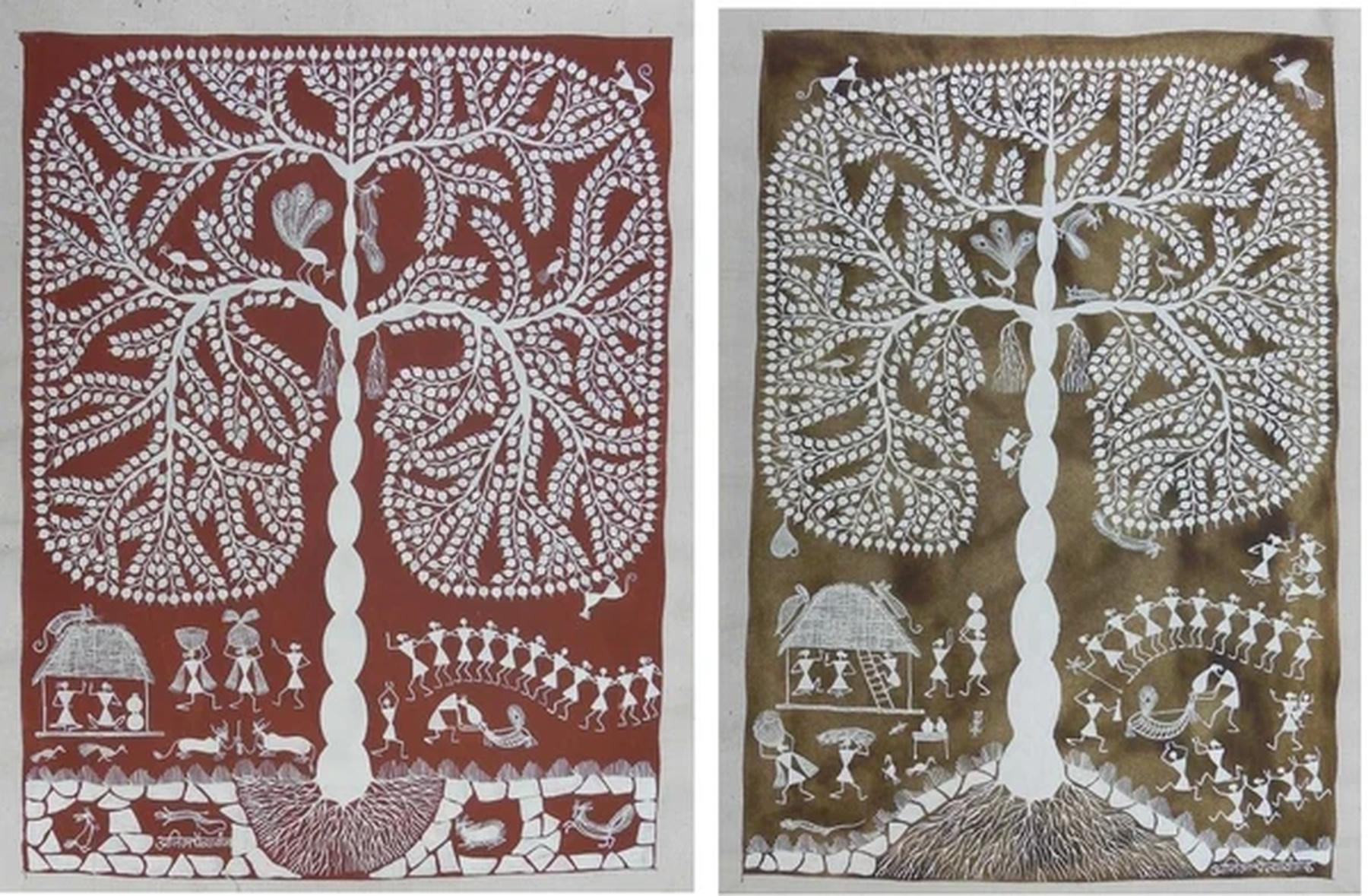 A Gond painting depicting a tree of life with birds and serpents