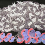 Gond tribal painting showing tree of life with white birds and colorful serpents on black background