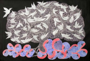 Gond tribal painting showing tree of life with white birds and colorful serpents on black background