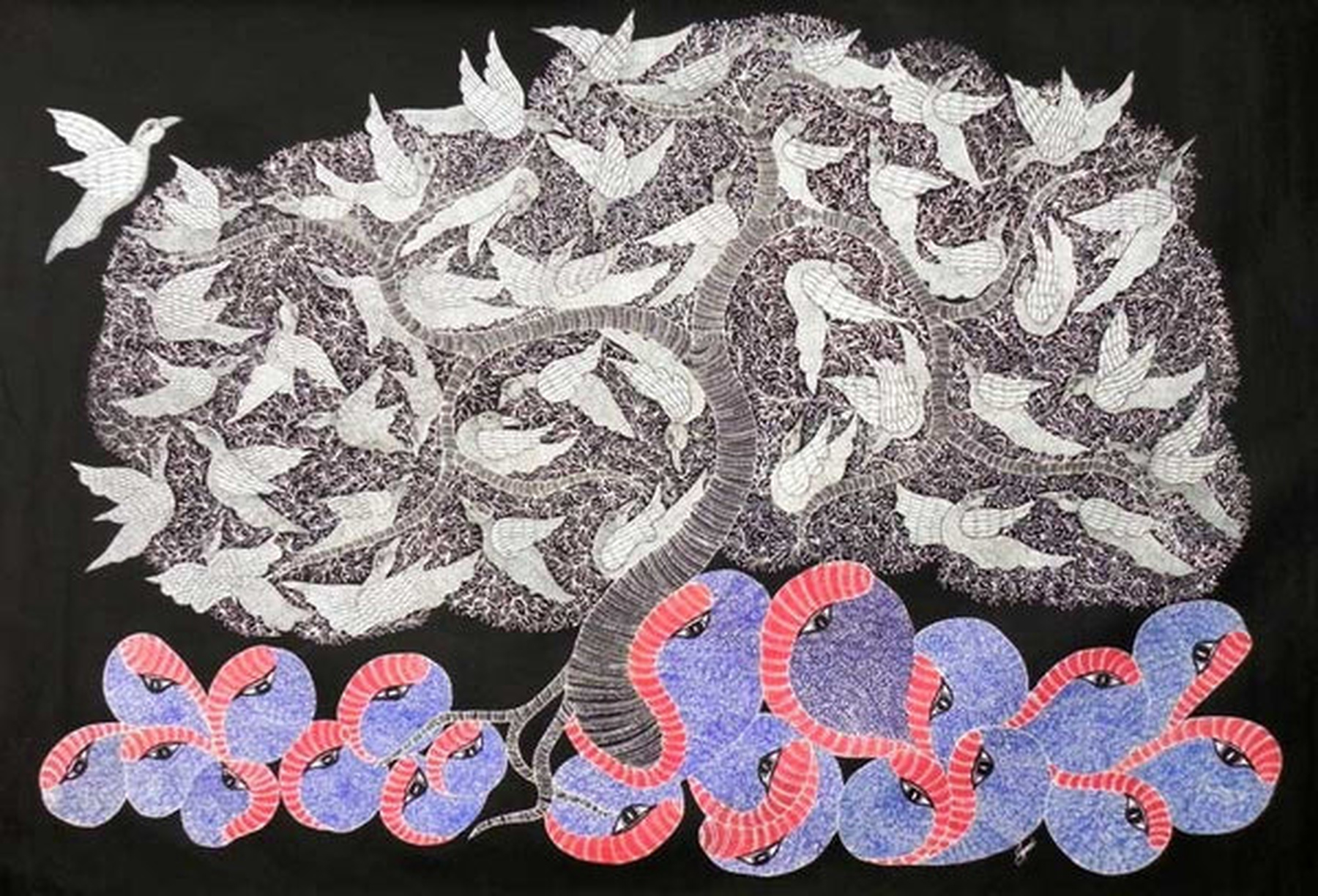 Gond tribal painting showing tree of life with white birds and colorful serpents on black background