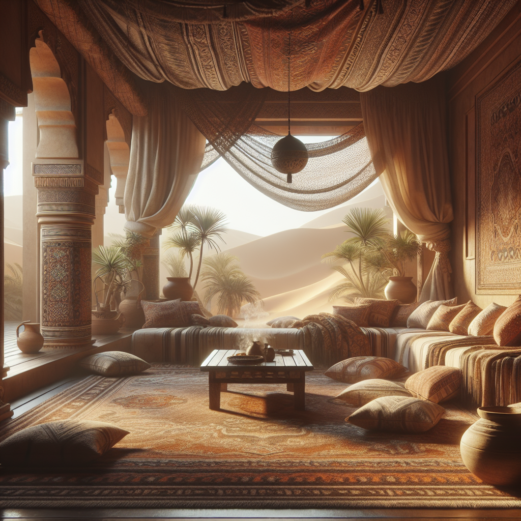 Bedouin inspired interior decor showcasing vibrant textiles and warm tones