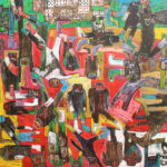 Bob-Nosa painting with crowded abstracted figures influenced by Nigerian Yoruba tribal art traditions