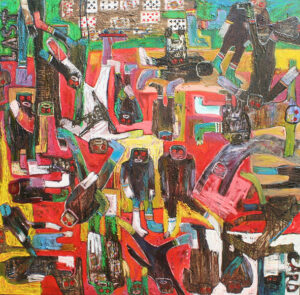 Bob-Nosa painting with crowded abstracted figures influenced by Nigerian Yoruba tribal art traditions