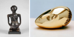 Luba caryatid sculpture beside Brâncuși's Sleeping Muse showing shared African-influenced abstraction