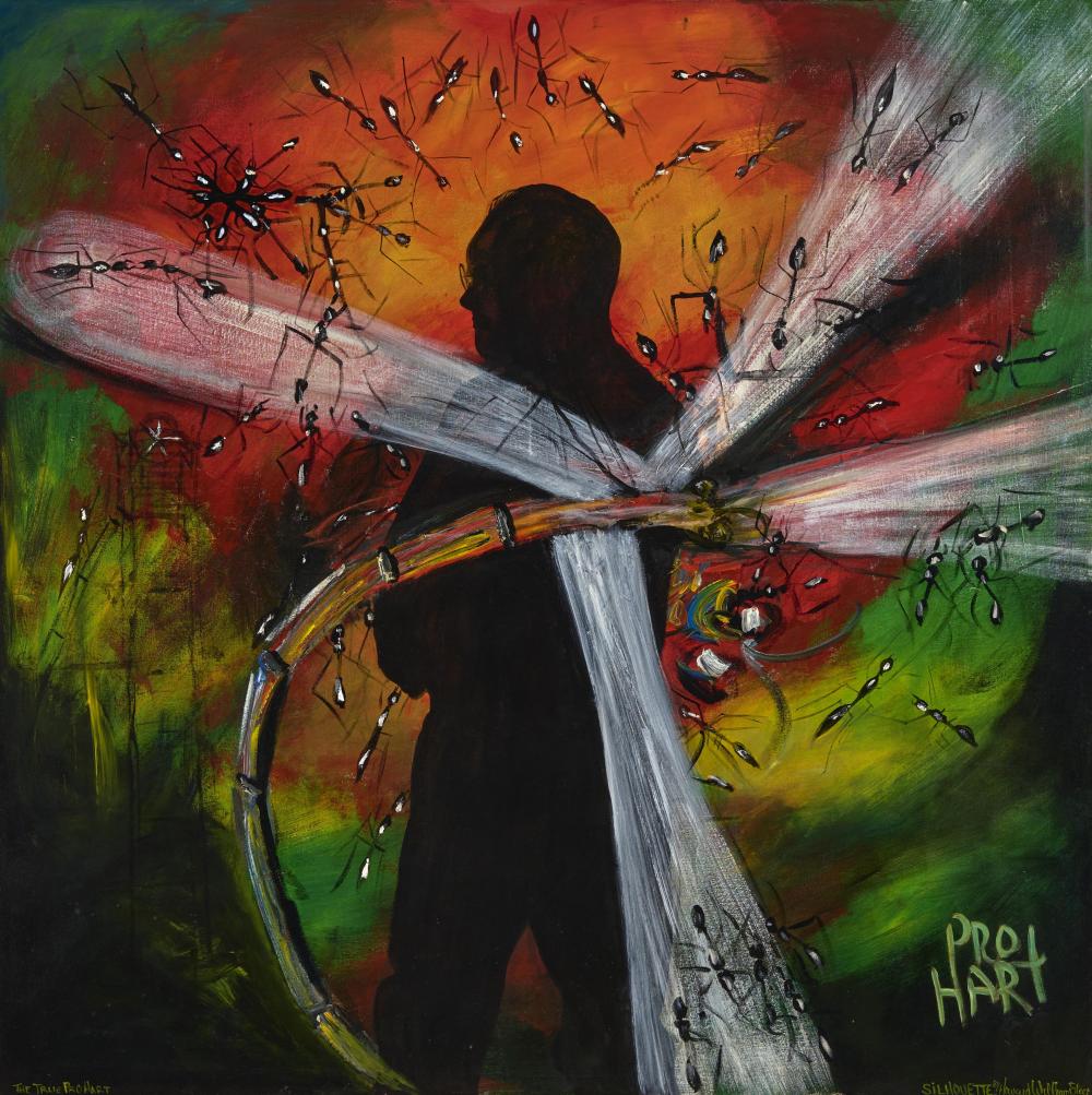 Dolet Malalu painting showing silhouetted figure with ants, inspired by Congolese Kongo tribal spirit traditions