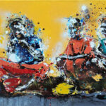 Gnohité painting of three seated African figures in traditional dress, Ivory Coast tribal art influence