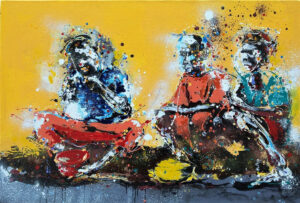 Gnohité painting of three seated African figures in traditional dress, Ivory Coast tribal art influence