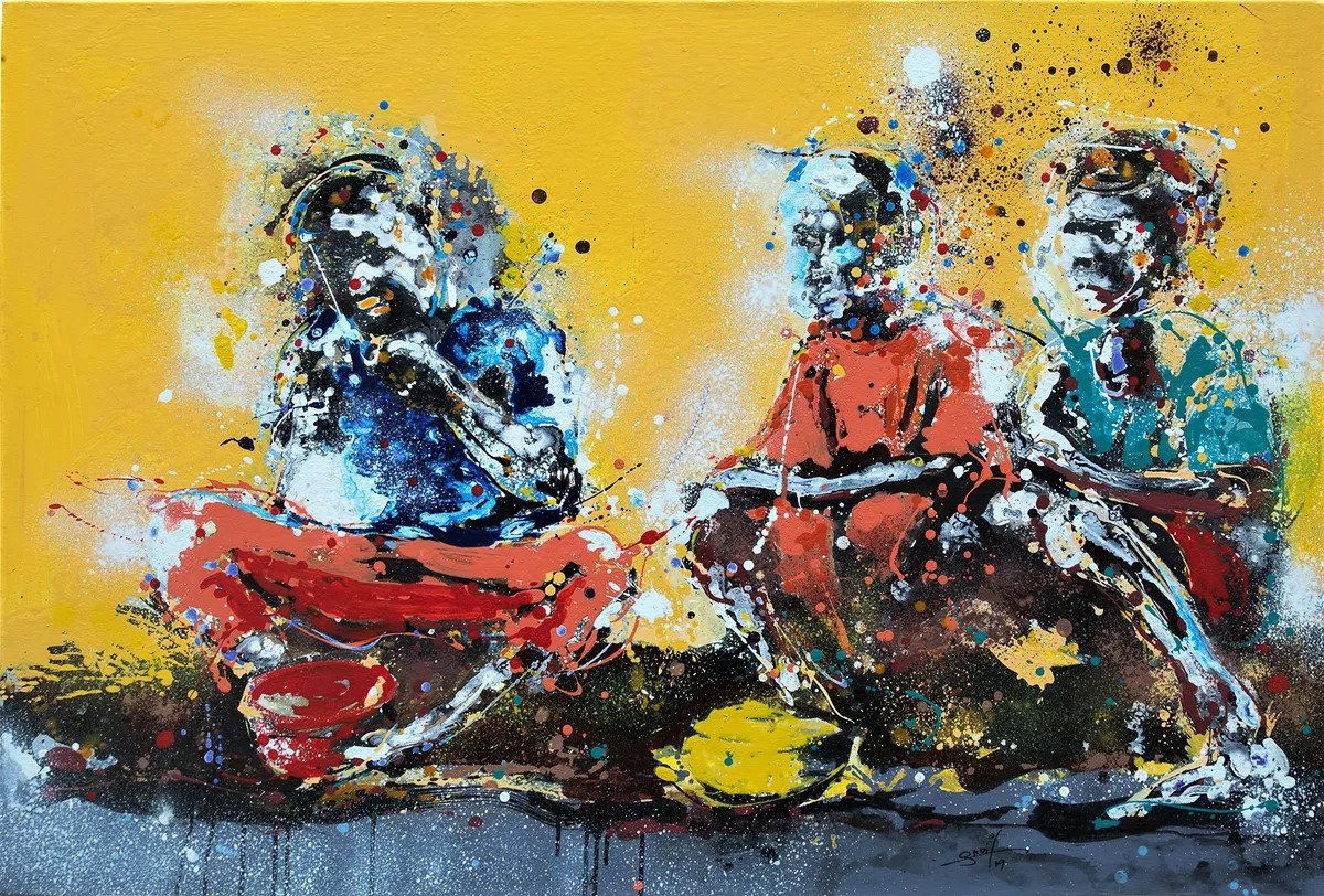 Gnohité painting of three seated African figures in traditional dress, Ivory Coast tribal art influence