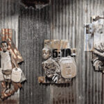 Ilídio Candja Candja mixed media artwork of African children on corrugated metal, Angolan tribal influence