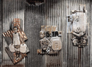 Ilídio Candja Candja mixed media artwork of African children on corrugated metal, Angolan tribal influence