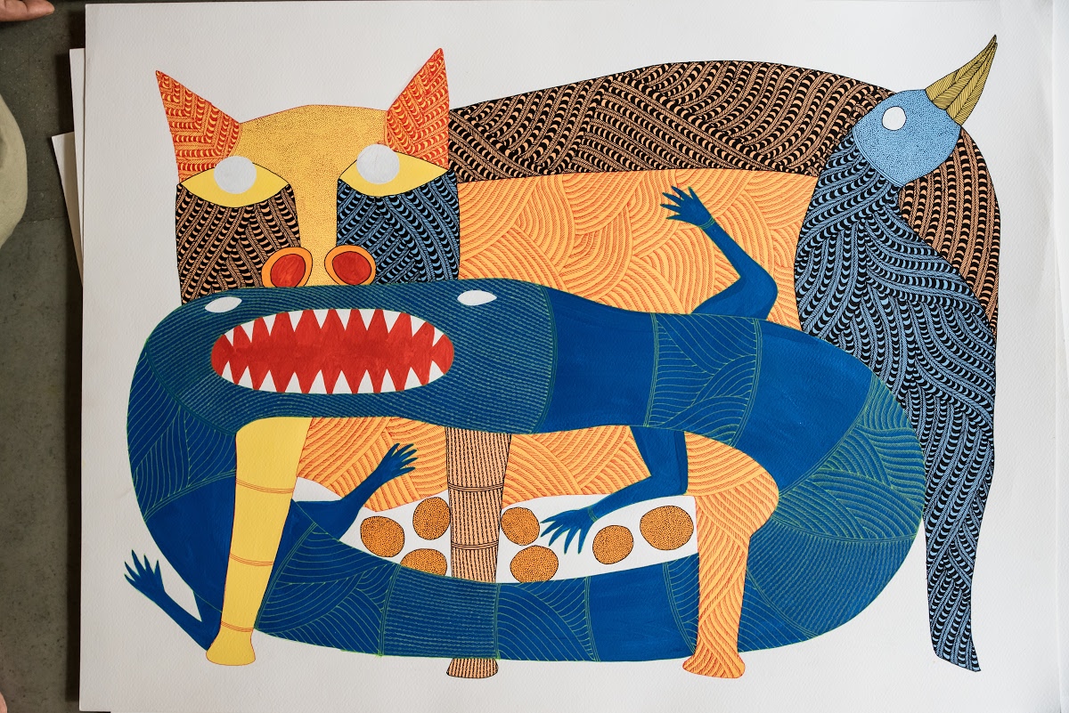 A Gond painting by Jangarh Singh Shyam depicting a ceremonial nocturnal procession