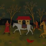 Jangarh Singh Shyam Gond painting showing ceremonial horse procession with traditional Indian tribal motifs