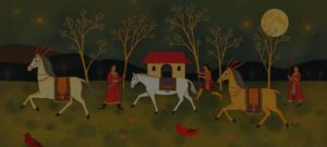 Jangarh Singh Shyam Gond painting showing ceremonial horse procession with traditional Indian tribal motifs