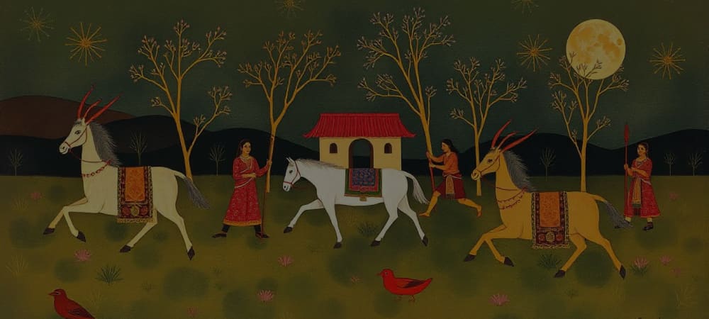 Jangarh Singh Shyam Gond painting showing ceremonial horse procession with traditional Indian tribal motifs