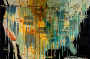 Jaune Quick-to-See Smith map painting showing North America with dripping paint, Shoshone-Cree Indigenous artist