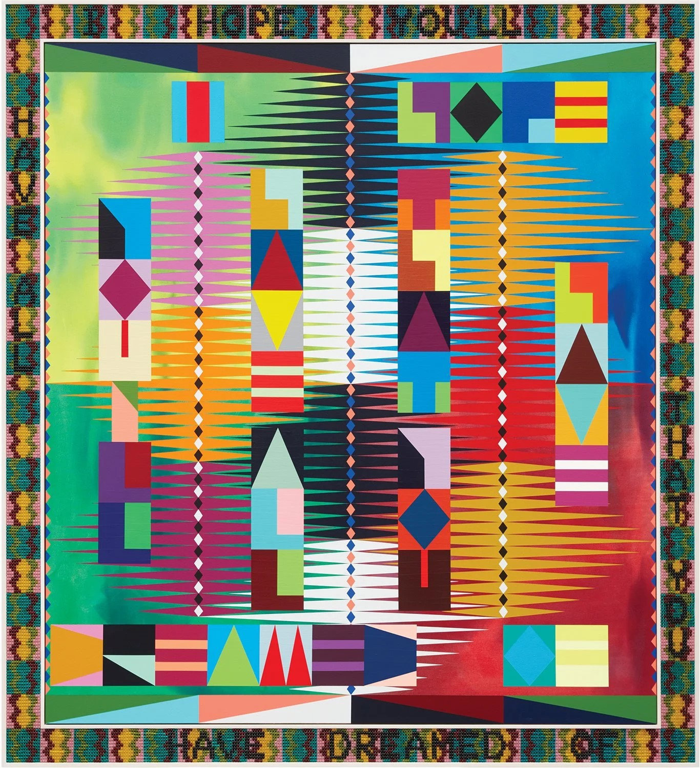 A vibrant beaded bird sculpture by Jeffrey Gibson, showcasing intricate beadwork and geometric patterns