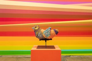 Jeffrey Gibson beaded bird sculpture with Choctaw-Cherokee influenced geometric patterns in vibrant colors