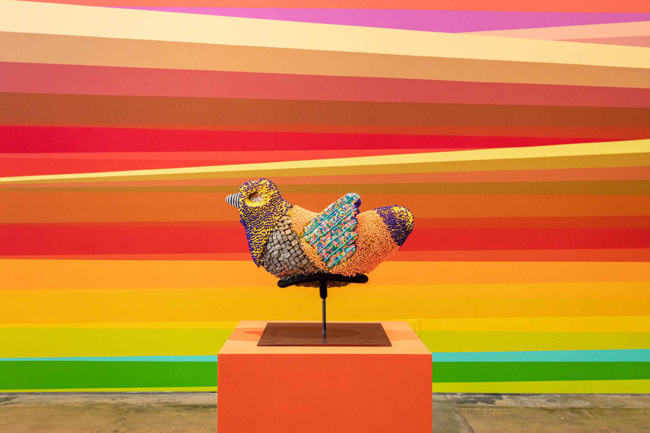 Jeffrey Gibson beaded bird sculpture with Choctaw-Cherokee influenced geometric patterns in vibrant colors