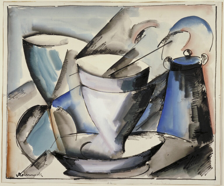 Maurice de Vlaminck cubist still life watercolor showing African sculpture-influenced angular forms