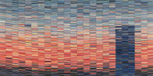 Nadia Myre textile artwork with stitched horizontal strips in coral and blue, inspired by Montagnais beadwork traditions