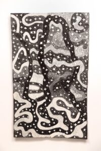 Naminapu Maymuru-White painting with Yolŋu miny'tji dotwork depicting Milky Way star paths and ancestral serpent forms