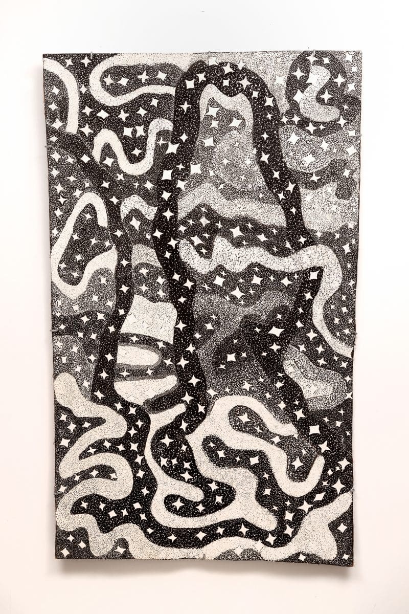 Naminapu Maymuru-White painting with Yolŋu miny'tji dotwork depicting Milky Way star paths and ancestral serpent forms