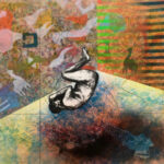 Onyis Martin mixed media painting featuring figure with Cameroonian tribal patterns and animal silhouettes