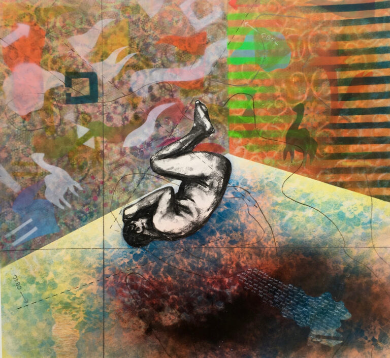 Onyis Martin mixed media painting featuring figure with Cameroonian tribal patterns and animal silhouettes