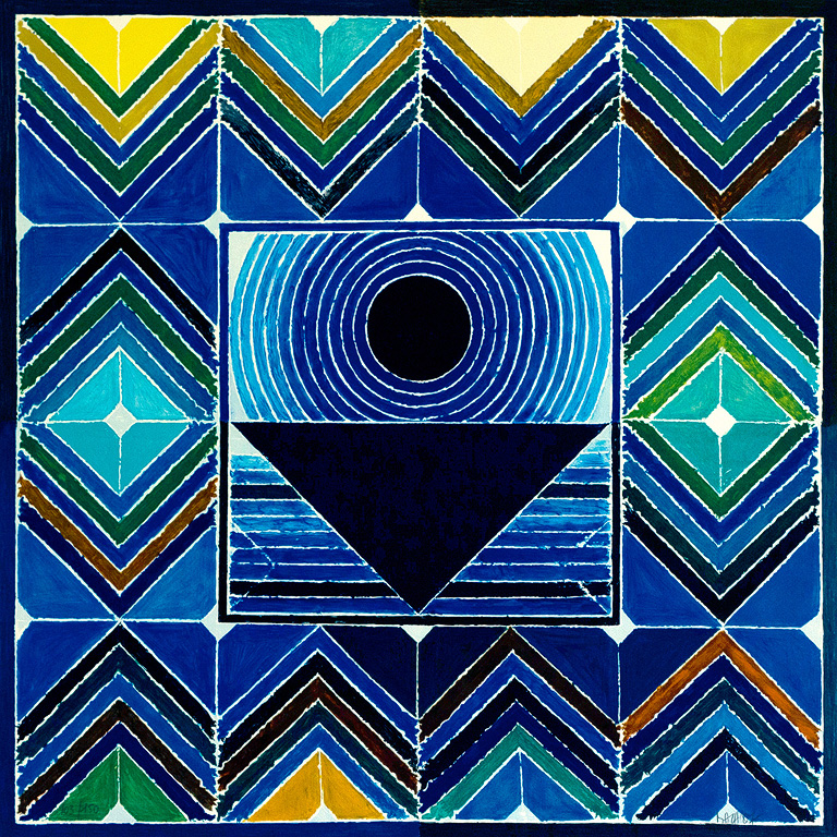 A vibrant painting from the Bindu series by S.H. Raza showcasing traditional tribal influences