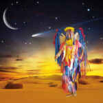 Wendy Red Star photograph featuring Crow Nation ceremonial ribbon dress against surreal desert sky backdrop