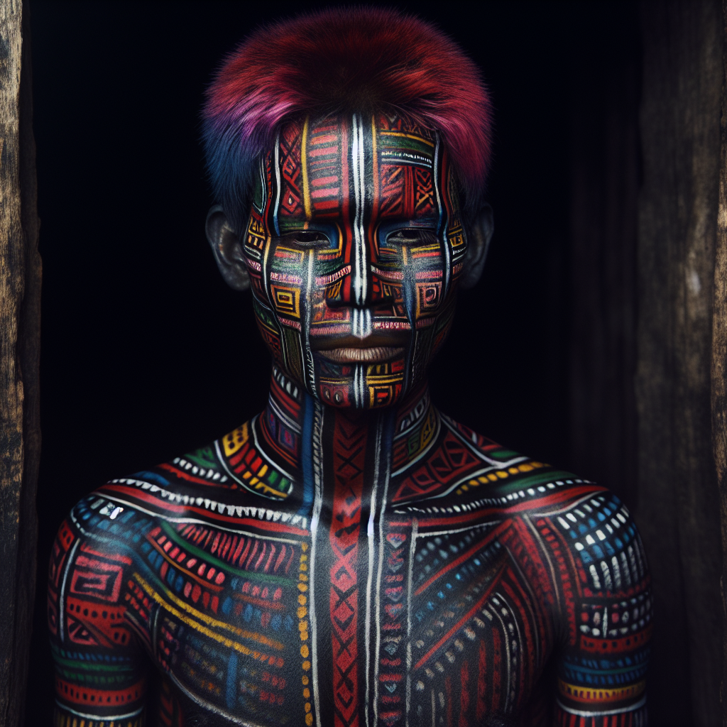 Kayapo people adorned with traditional body paint in the Amazon