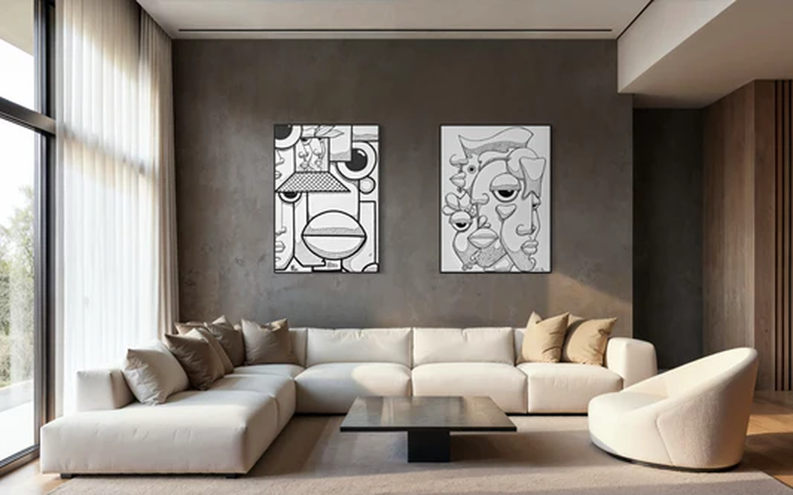 A contemporary artwork featuring overlapping human profile silhouettes in various skin tones