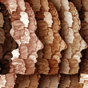 Layered paper cutout silhouettes of human profiles in diverse skin tones from brown to beige