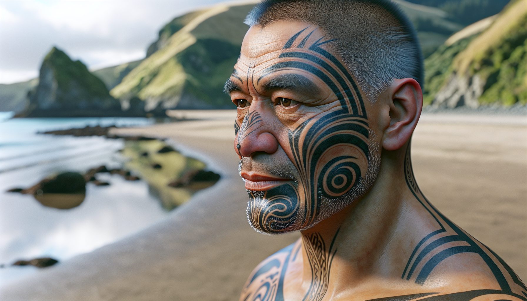 A Maori tattoo artist at work, showcasing the traditional technique of ta moko tattooing