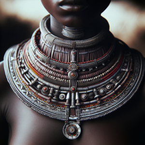 One iconic element of Himba adornment is the traditional Himba necklace, often worn by women as a sign of their marital