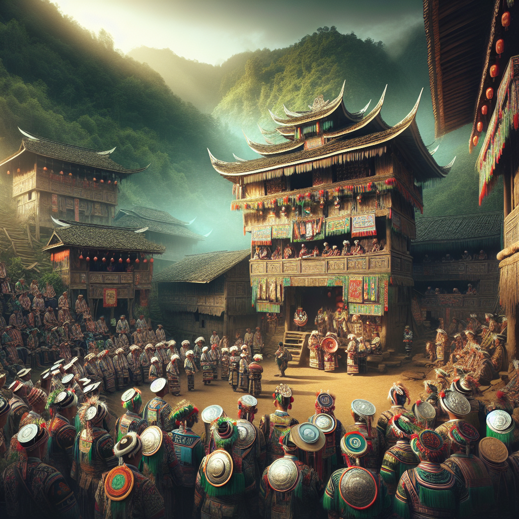 Children of a Miao village celebrating a festival with traditional dances and songs