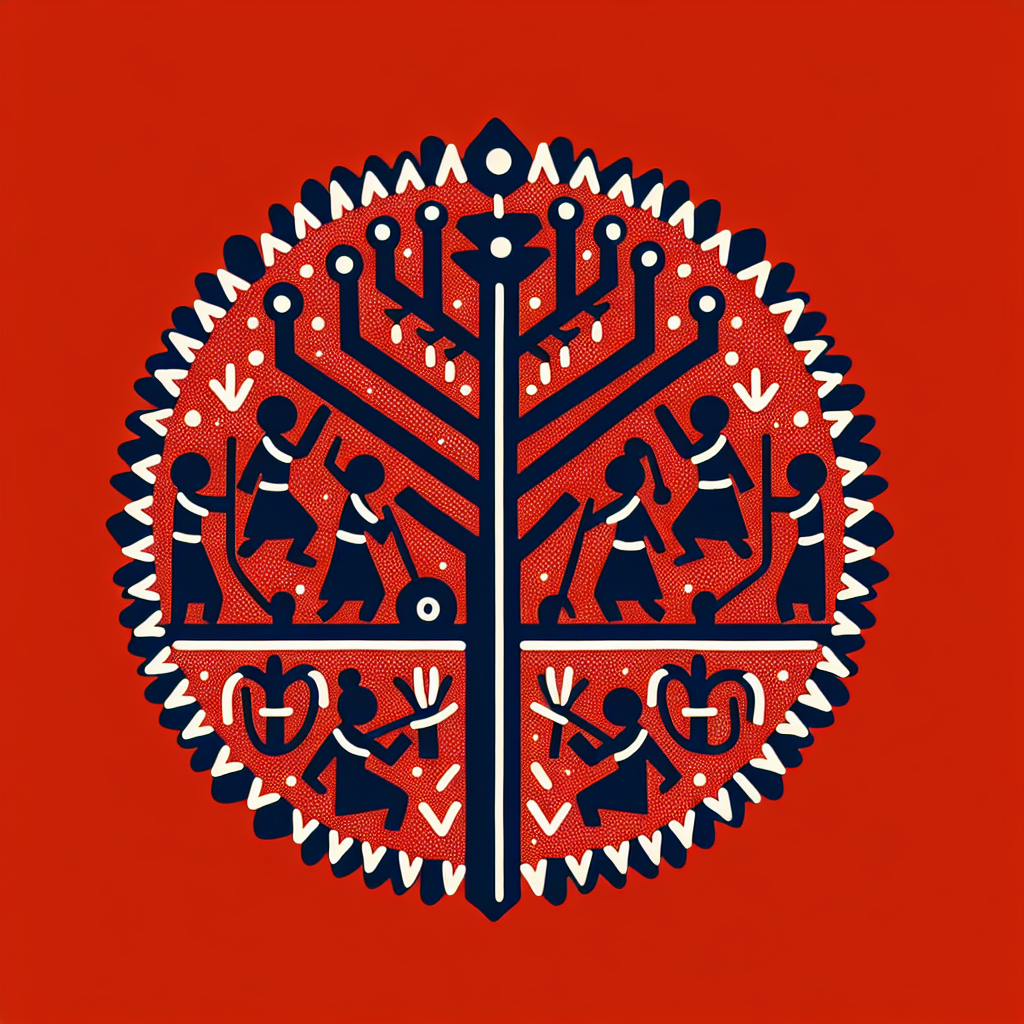 Example of Warli art with white patterns on red background